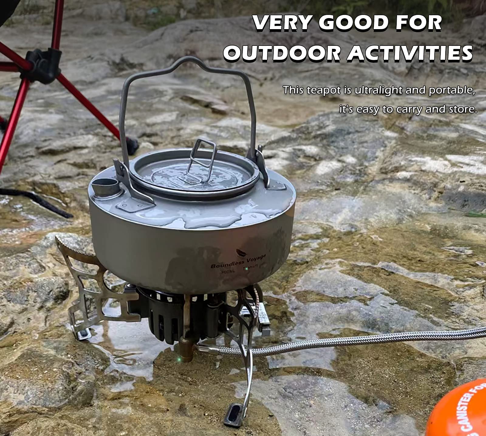 Boundless Voyage kettle displayed in a camp setup, ready to boil water.
