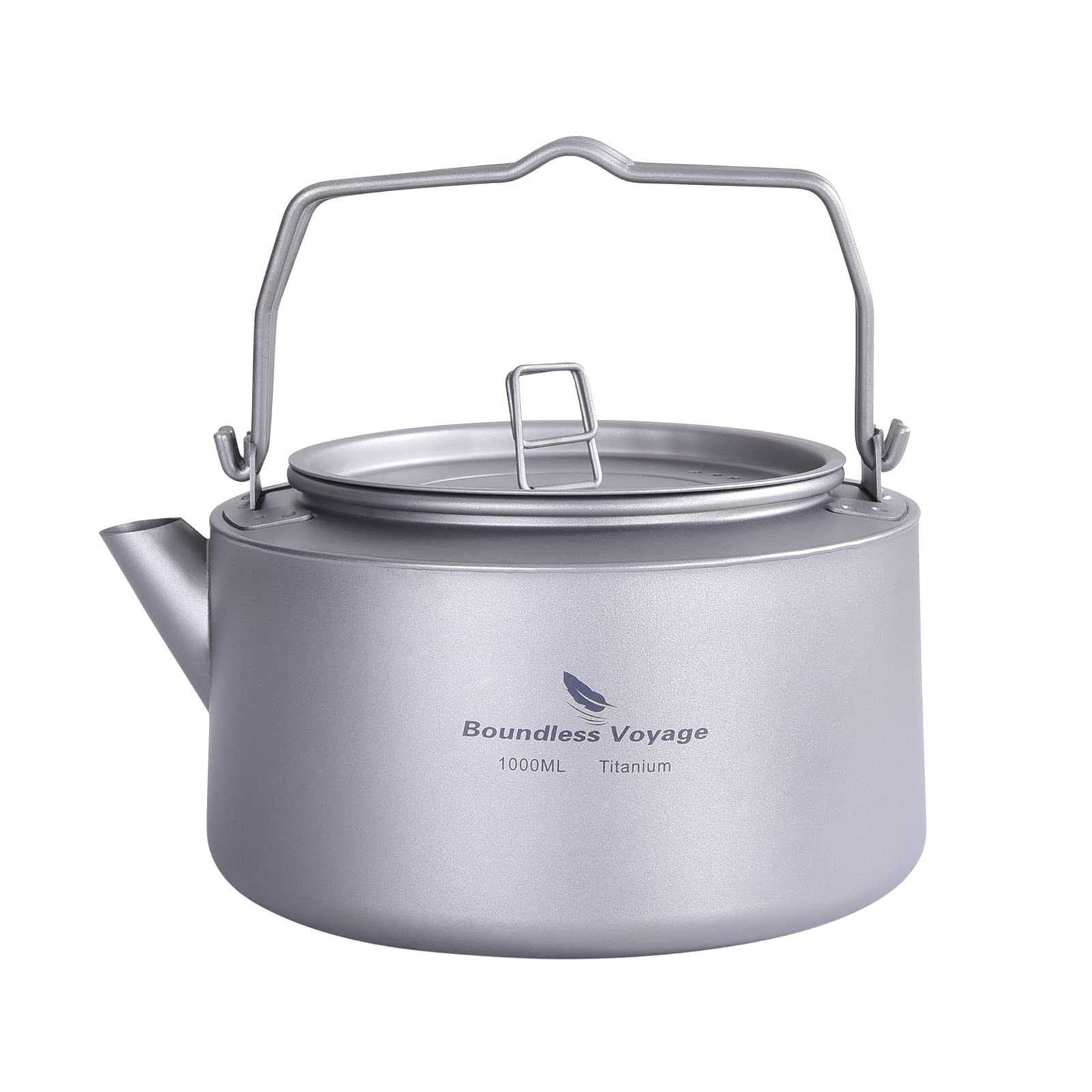 Boundless Voyage titanium kettle with folding handle, compact for backpacking.