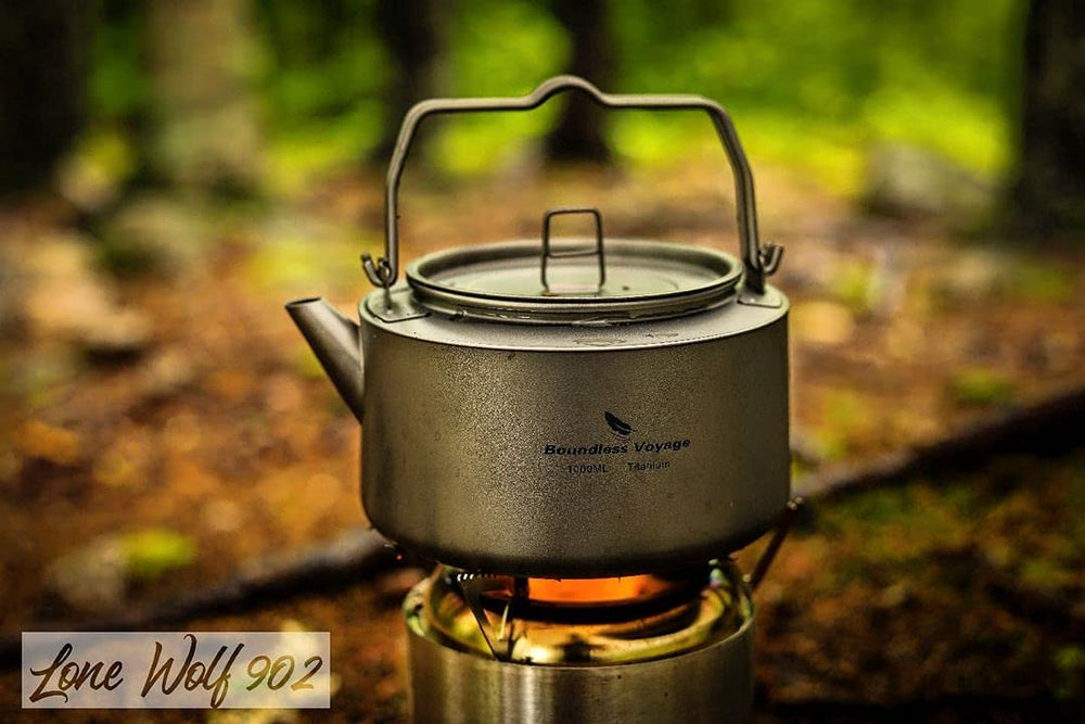 Boundless Voyage titanium kettle open-fire ready for camp cooking.