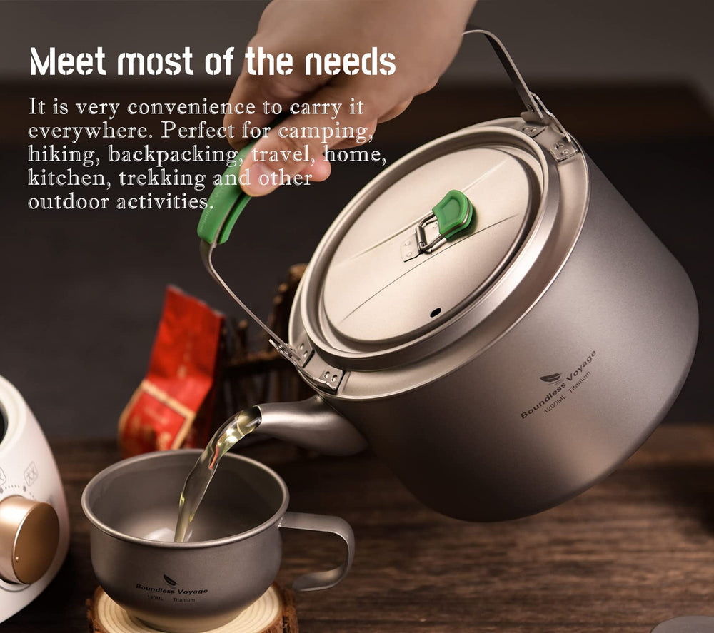 Boundless Voyage kettle on trail used to brew tea.