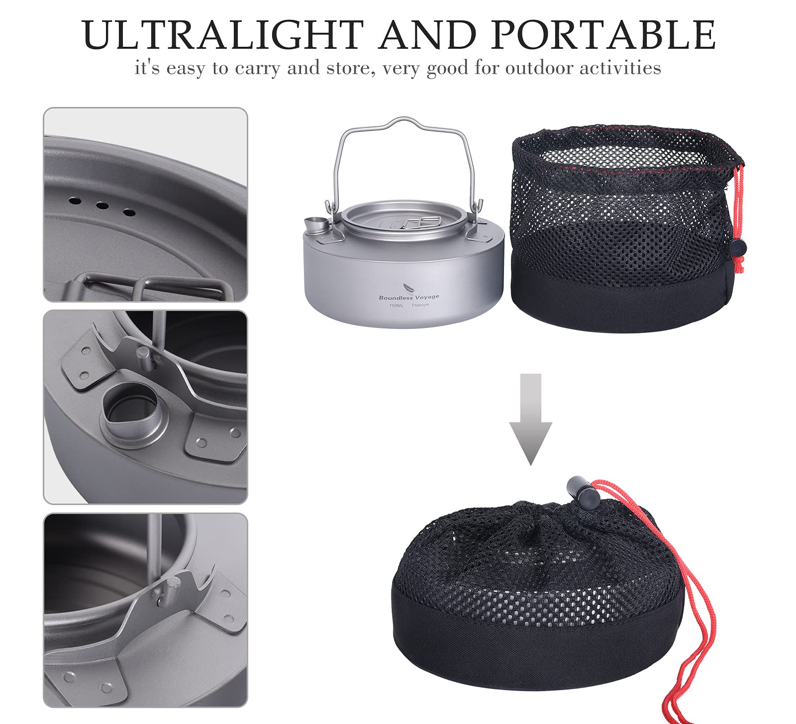 Boundless Voyage ultralight titanium kettle packs flat for easy backpacking.