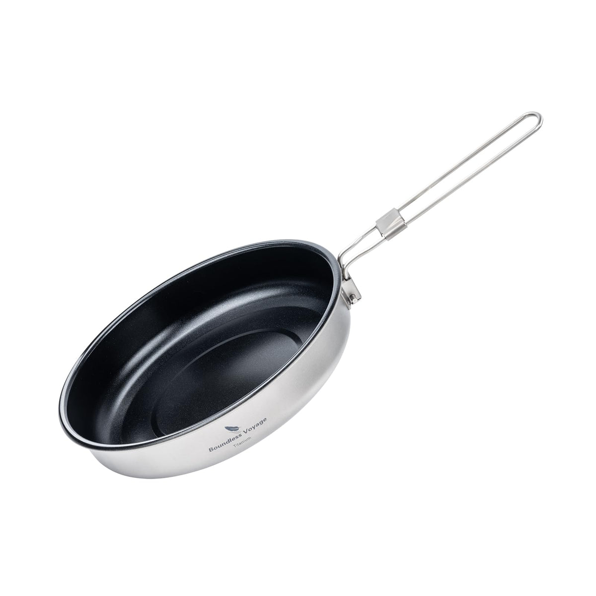 Boundless Voyage titanium frying pan top view, compact camp cookware for easy transport.