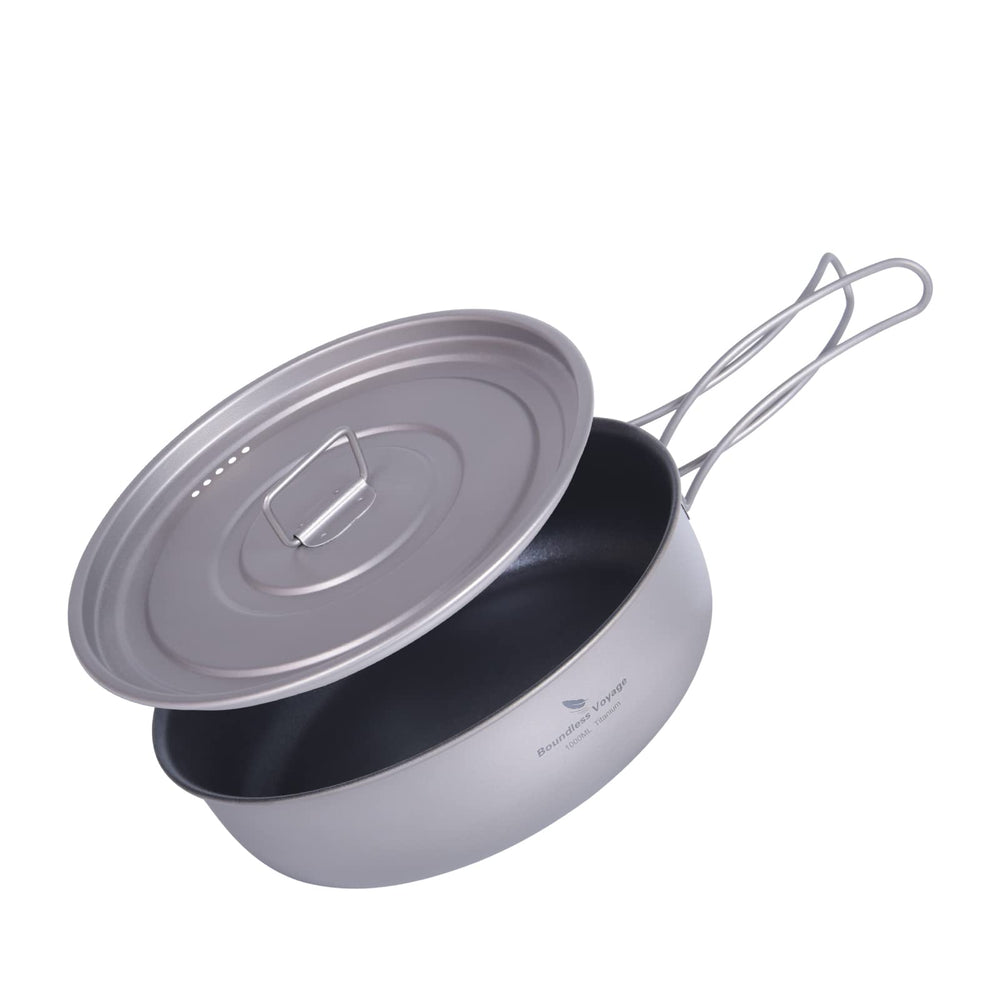 Boundless Voyage titanium non-stick pan 8in, lightweight, ideal for quick solo camp dinners.