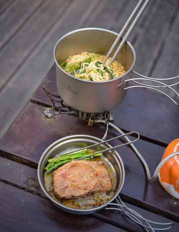 Boundless Voyage titanium pan 500ml ideal as a lid or fry pan on outdoor meals.