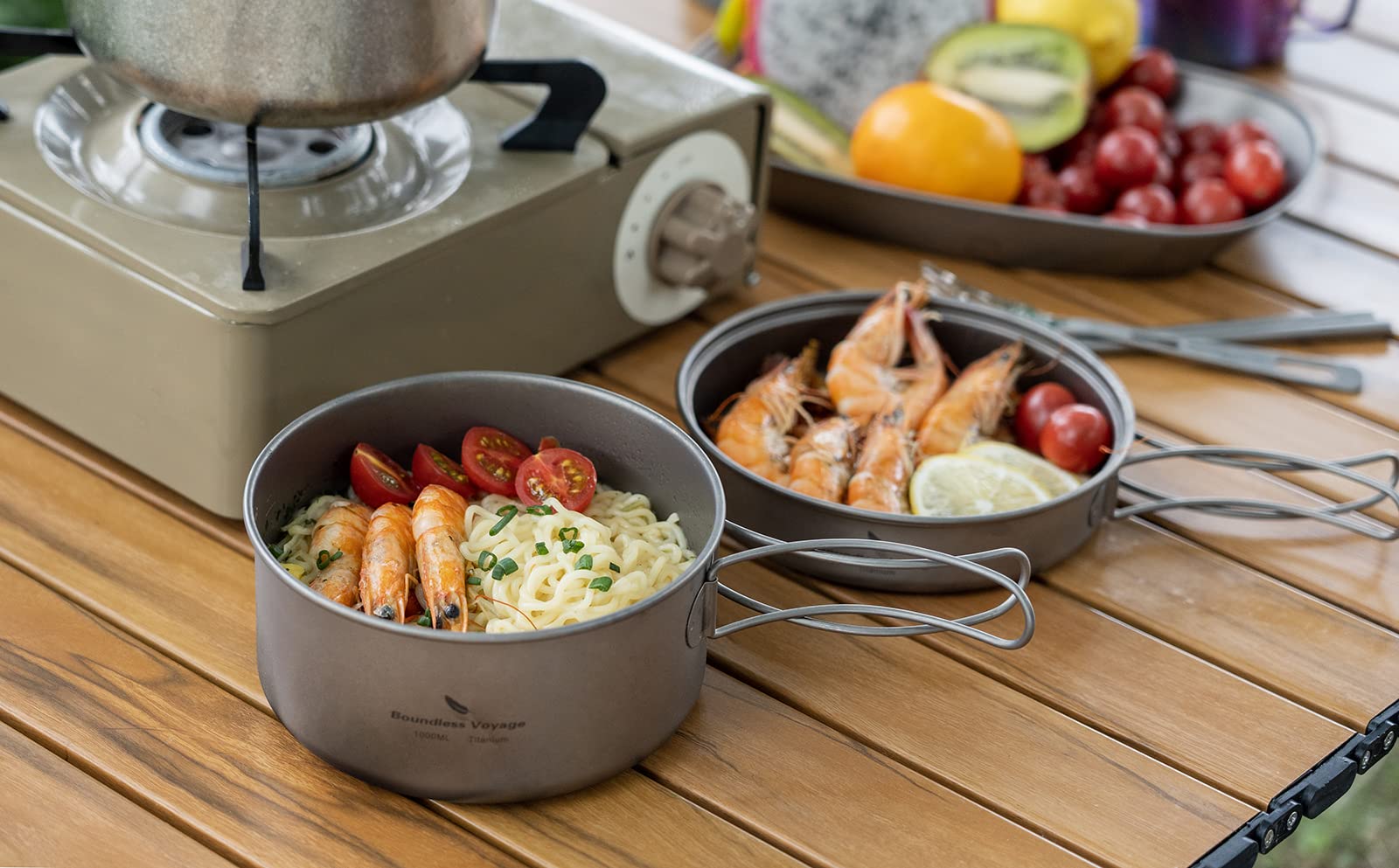 Boundless Voyage titanium 500ml pan, compact and lightweight for hikers.
