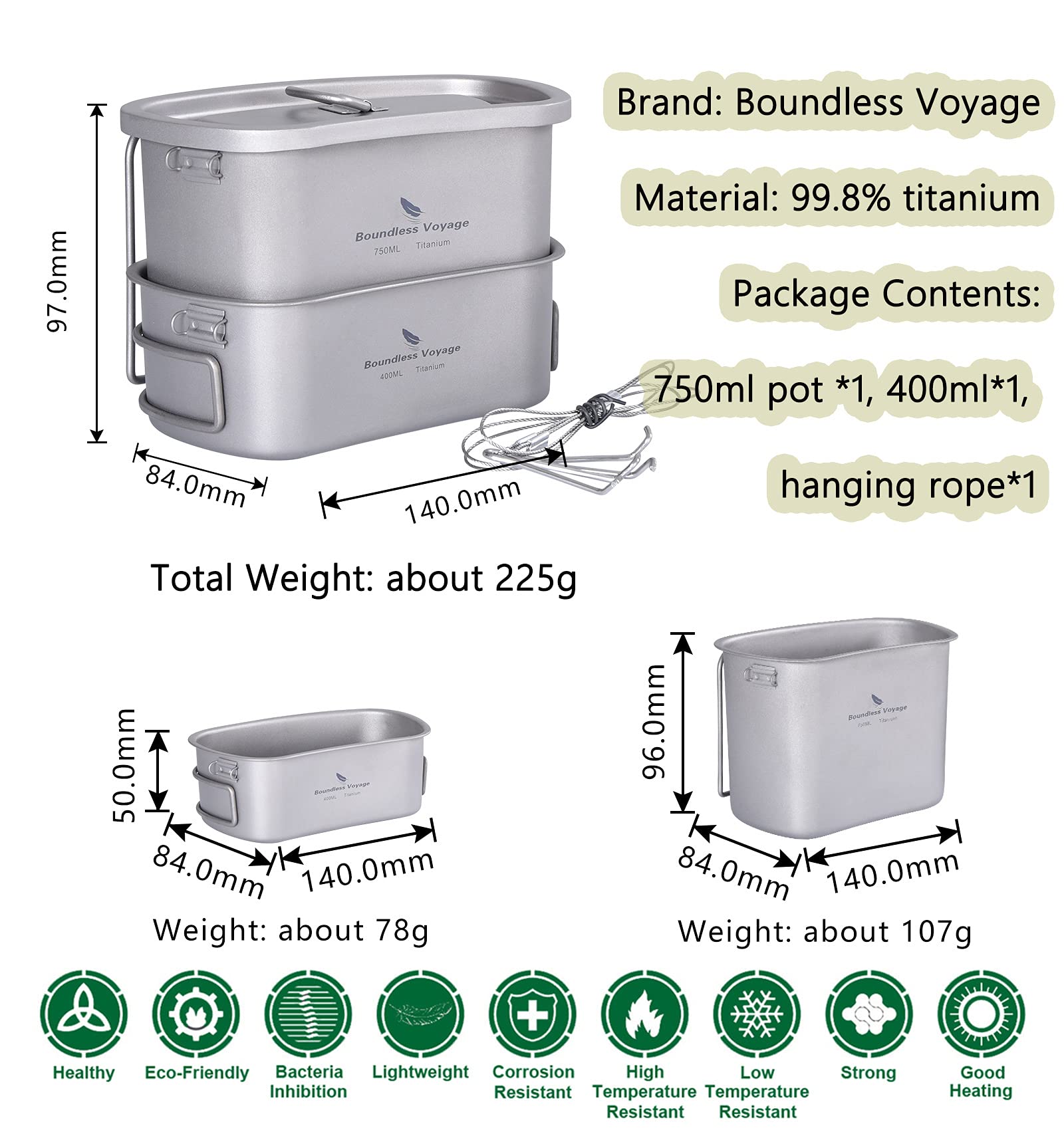 Boundless Voyage titanium pot heats directly on camp stoves for quick meals.