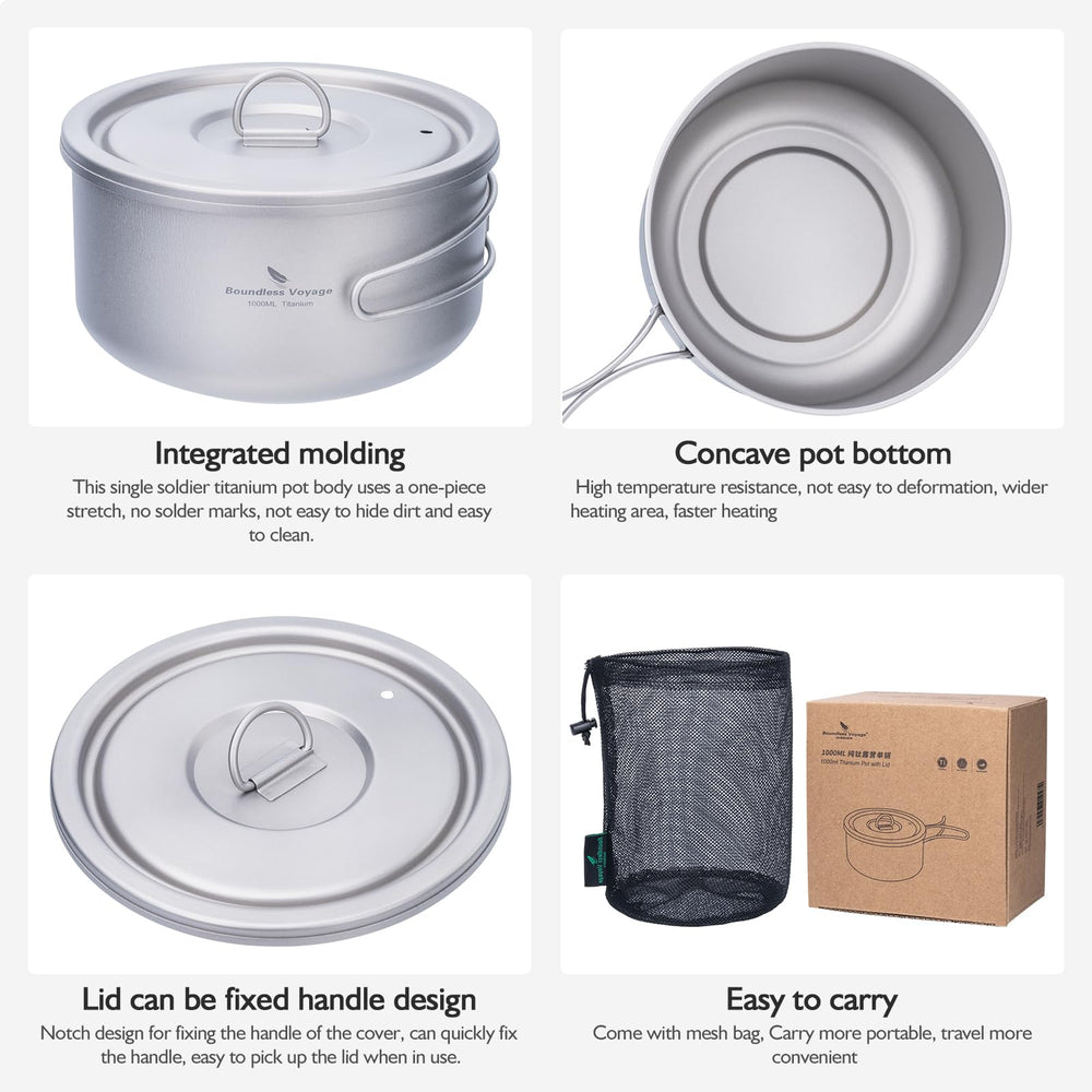 Boundless Voyage titanium pot with folding handles saves pack space during backpacking meals.