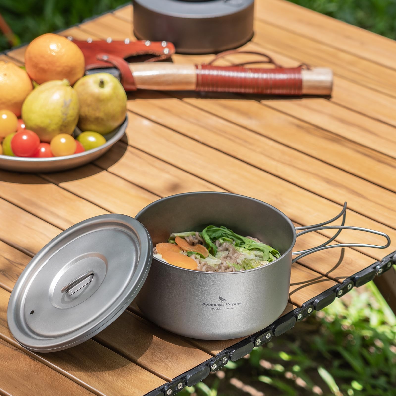Boundless Voyage ultralight titanium pot for open-fire cooking.