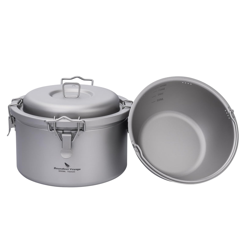 Boundless Voyage titanium pot outer shell shows durable 3.2L capacity for outdoor cooking