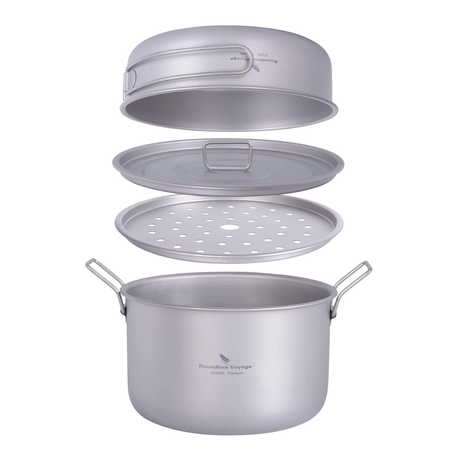 Boundless Voyage titanium pot exterior view showing compact, lightweight design for backpacking.