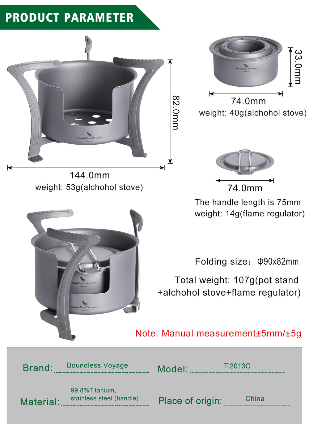 Boundless Voyage titanium stove side profile shows rugged construction for outdoor use.
