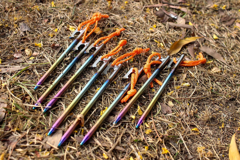 Boundless Voyage titanium stake with baked finish stays durable in rugged terrain.