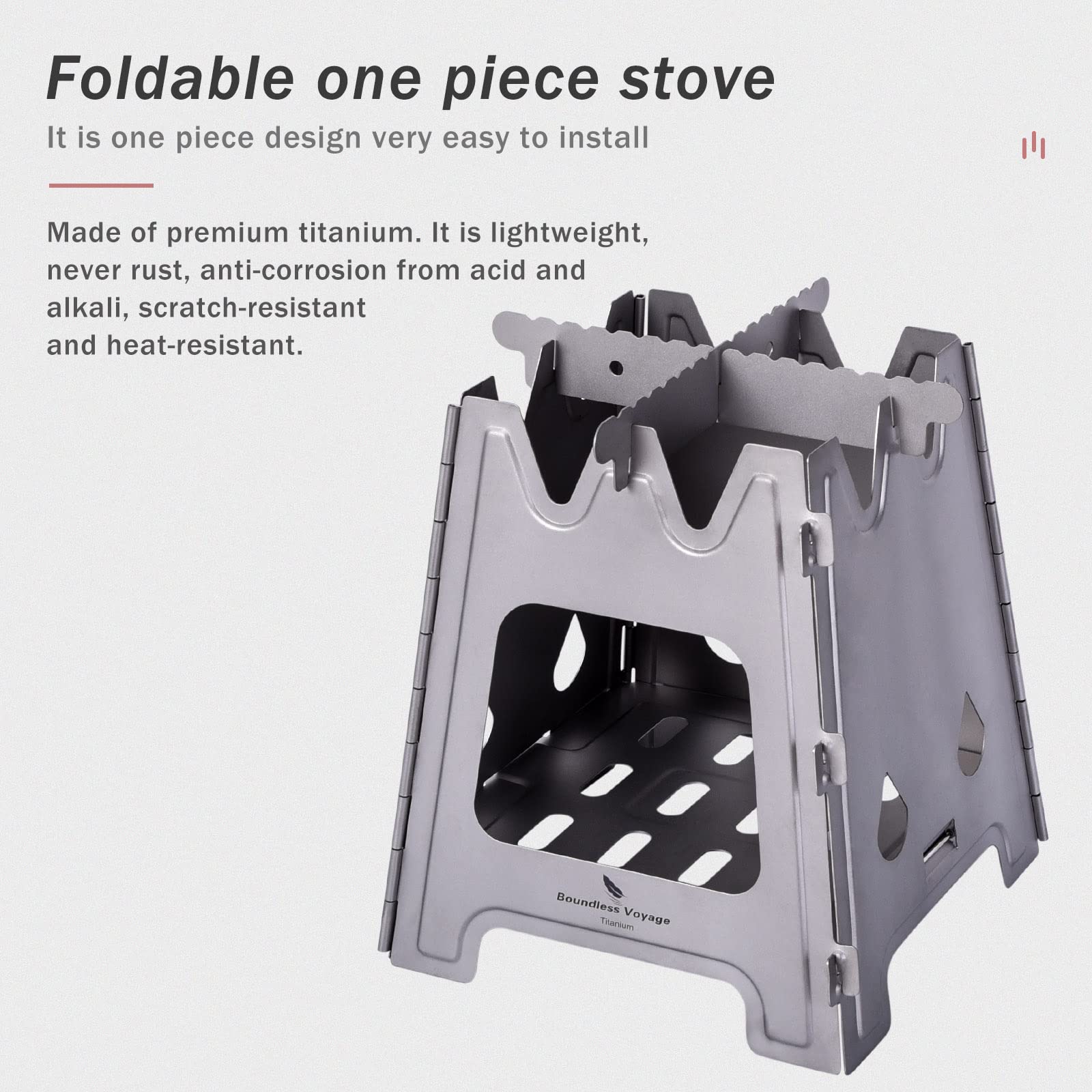 Boundless Voyage titanium stove ventilation holes visible for efficient burning.