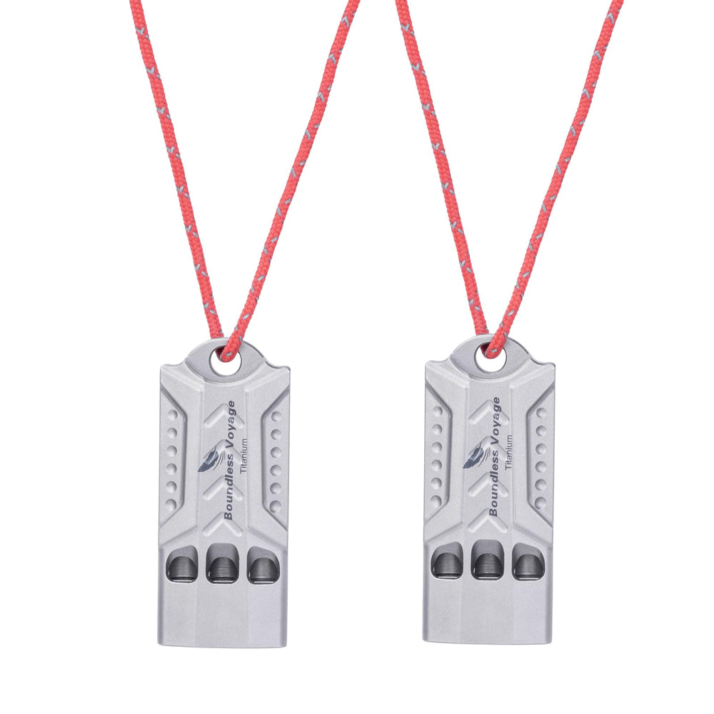 Boundless Voyage titanium whistle 3-hole; crisp 120dB signal for emergencies.