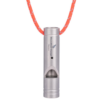 Boundless Voyage Ti9018 titanium whistle front view with lanyard for easy safety access