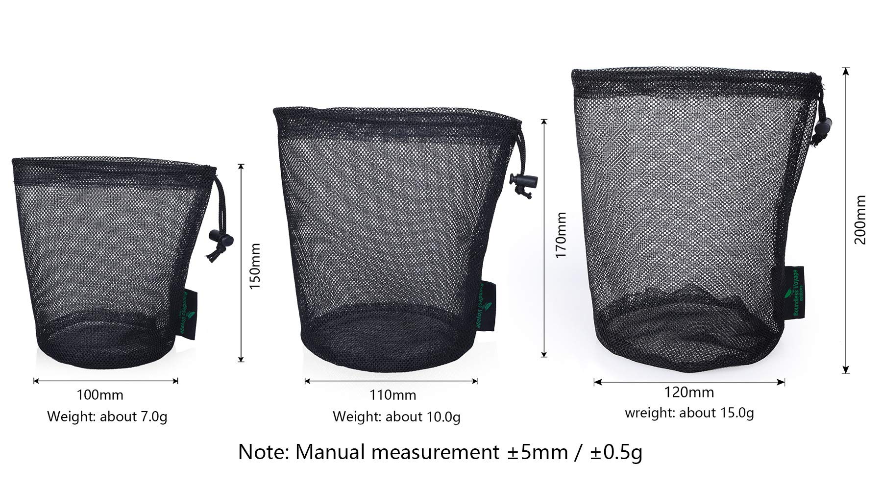 Boundless Voyageo nylon mesh bags in sizes S, M, L for versatile packing.