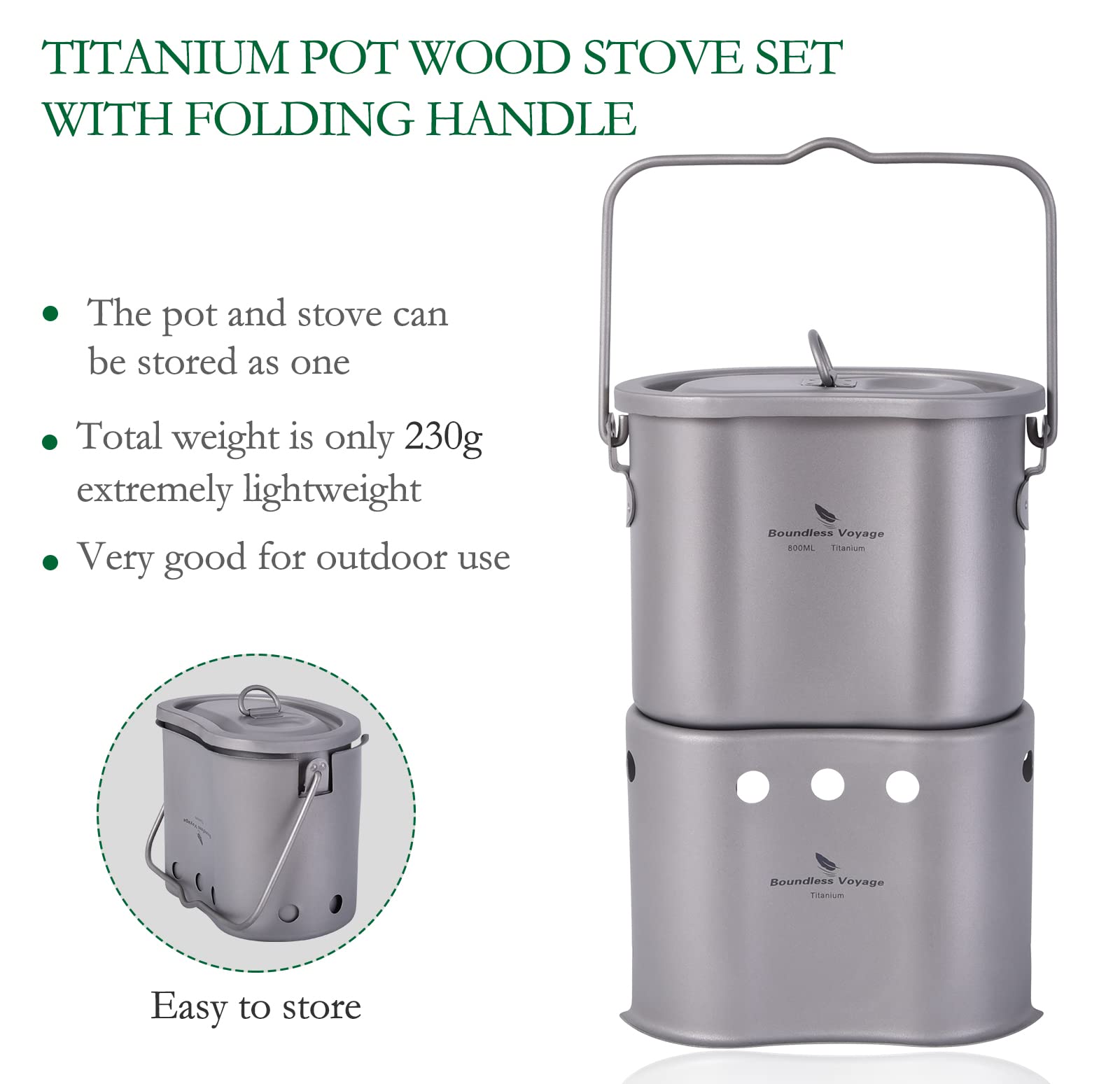 Boundless Voyage titanium pot for backpacking with compact design.