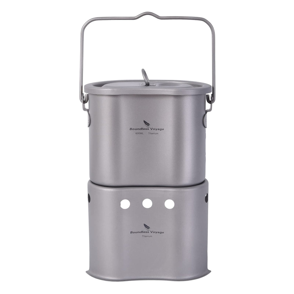 Boundless Voyage titanium pot with folding handle for ultralight backpacking meals.