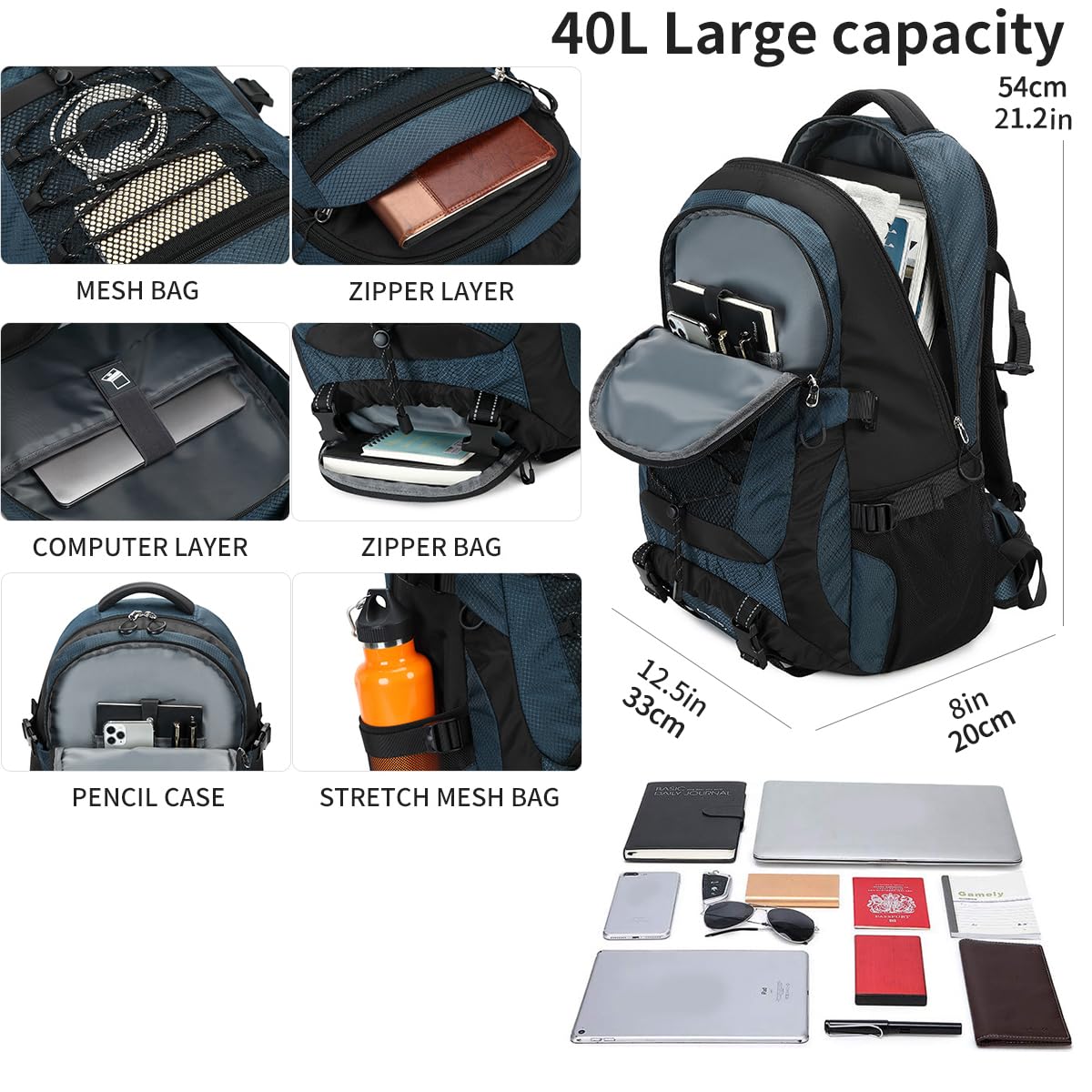 BOVIP 40L main compartment with laptop sleeve for organized gear