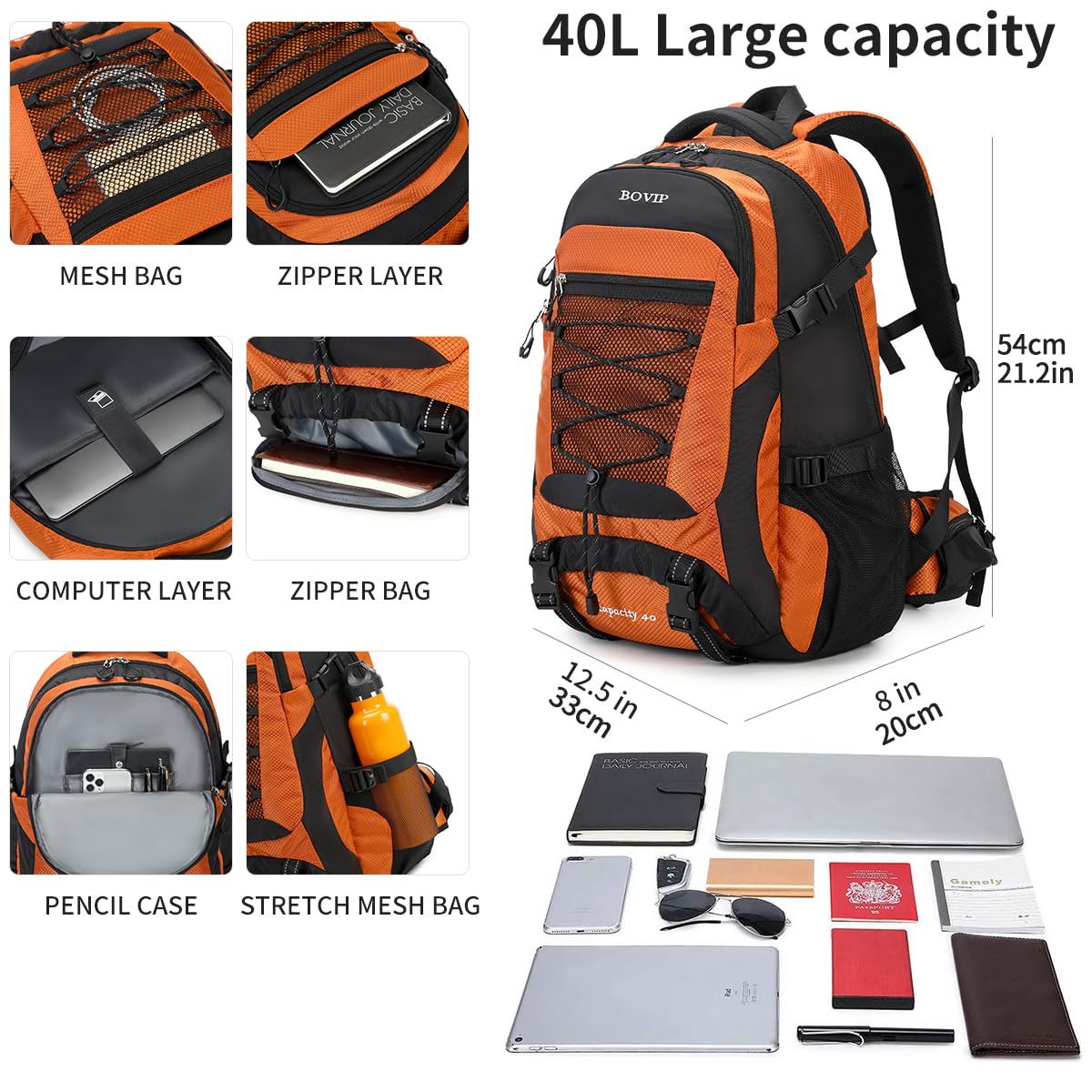 BOVIP 40L backpack multi-compartments organize gear efficiently during adventures