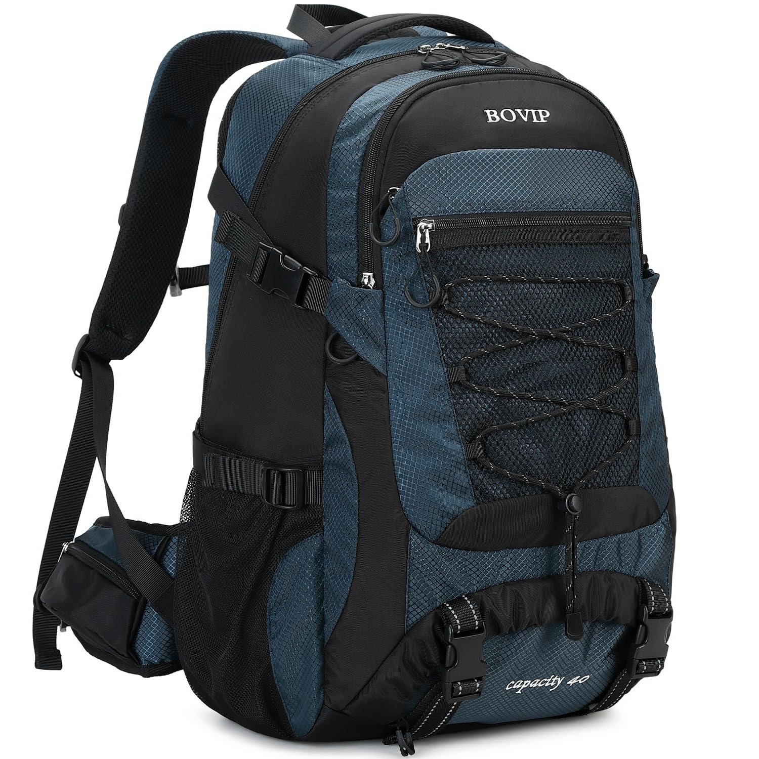 BOVIP 40L backpack water-resistant fabric highlighting rugged durability