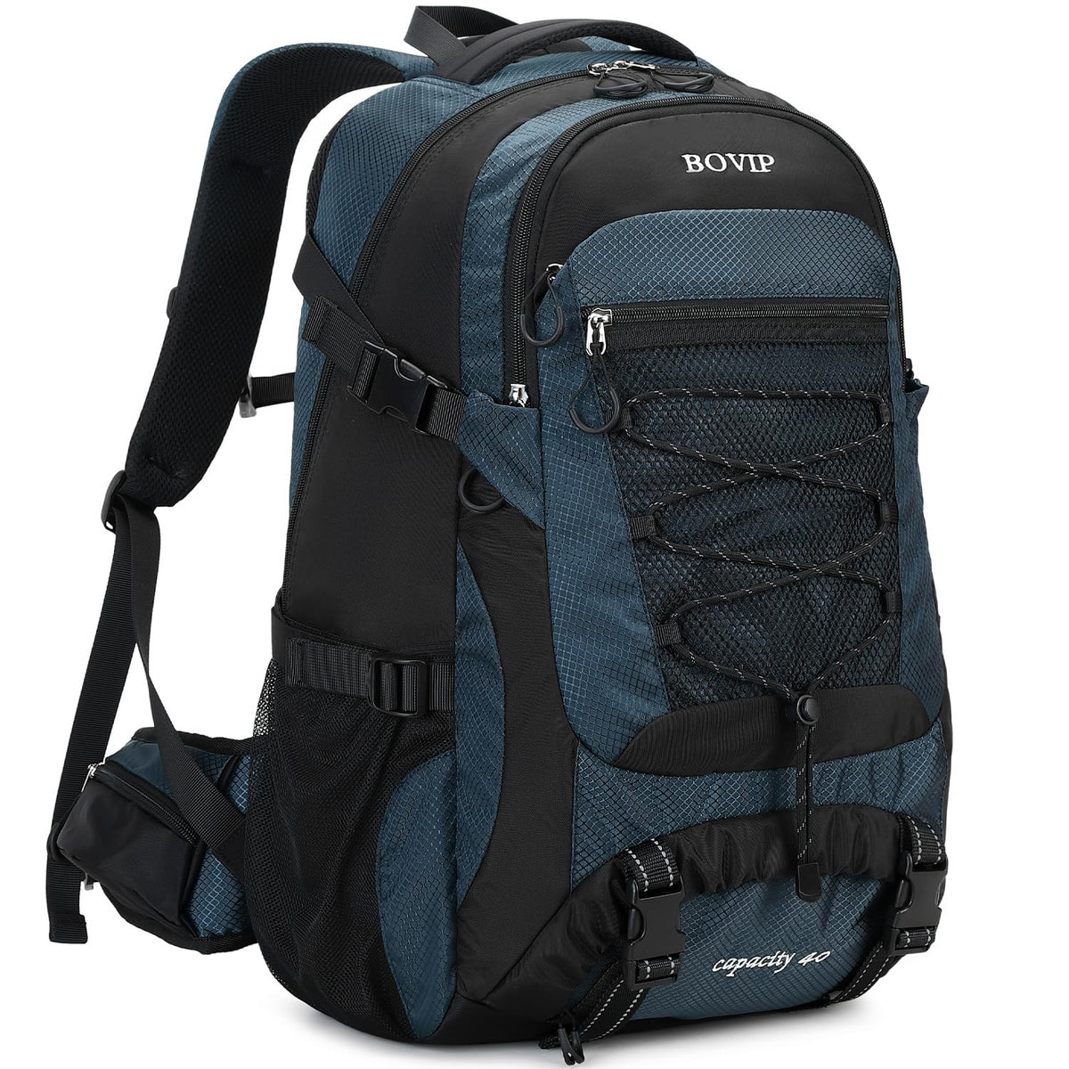 BOVIP 40L backpack water-resistant fabric highlighting rugged durability