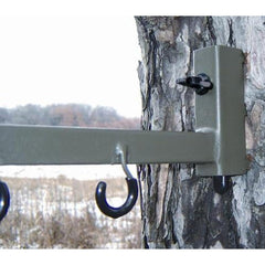 Bow hanger with two accessory hooks attached to a tree stand