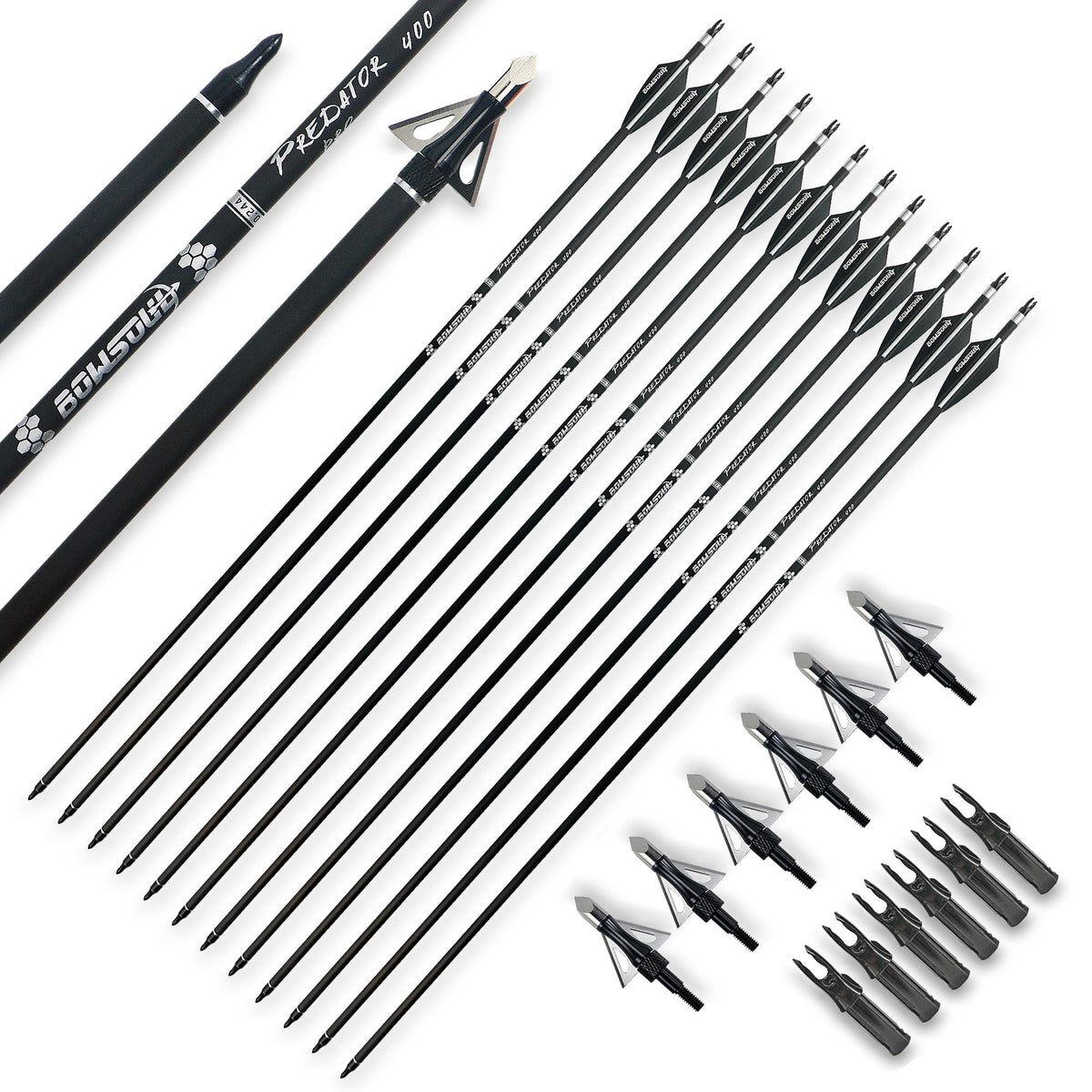 BOWSOUL arrows in packaging show twelve carbon arrows and broadheads for hunting.