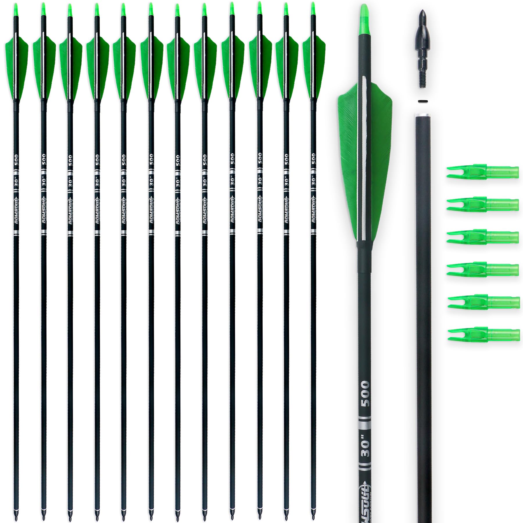 BOWSOUL carbon arrow 31.5in shaft in green white for stable longbow flight