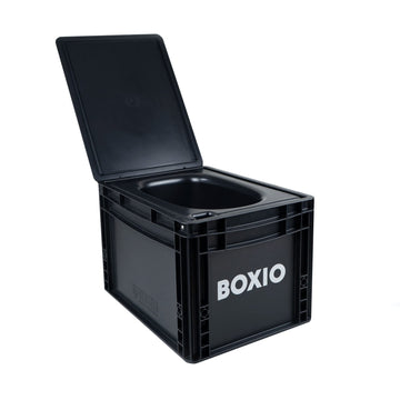 BOXIO toilet dimensions show compact size for vehicle storage and travel.