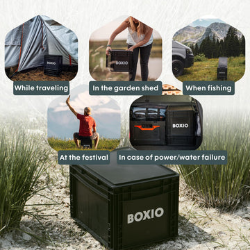BOXIO toilet in use in a van or camper for convenient travel sanitation.