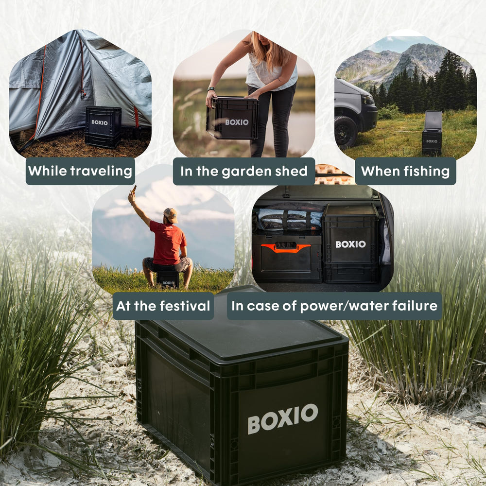BOXIO toilet in use in a van or camper for convenient travel sanitation.