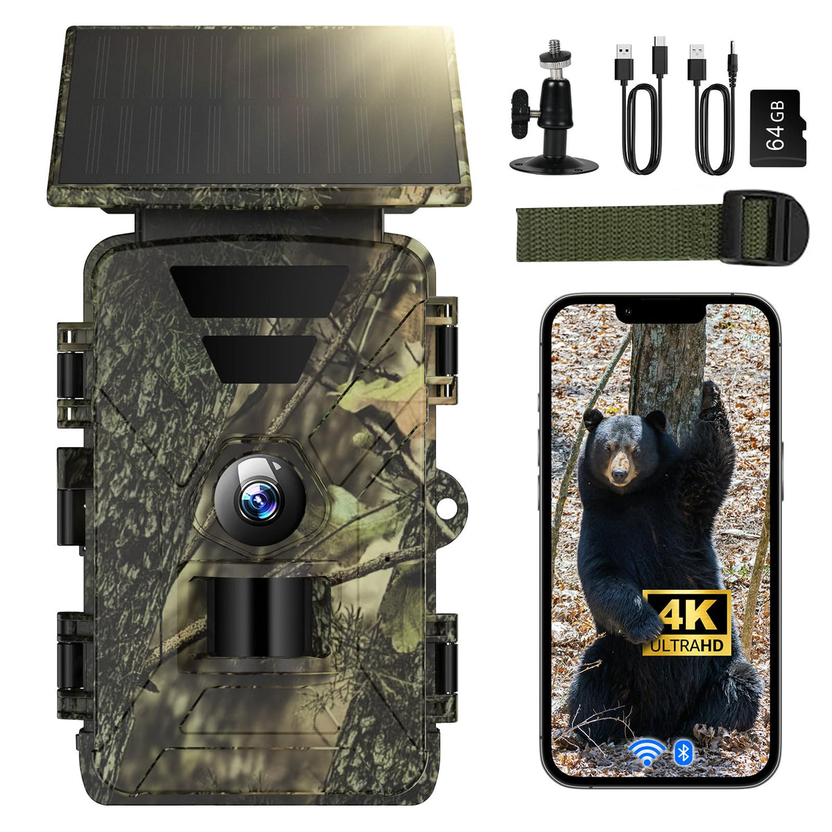 BoxLegend Solar Trail Camera front view with solar panel for continuous off-grid monitoring.