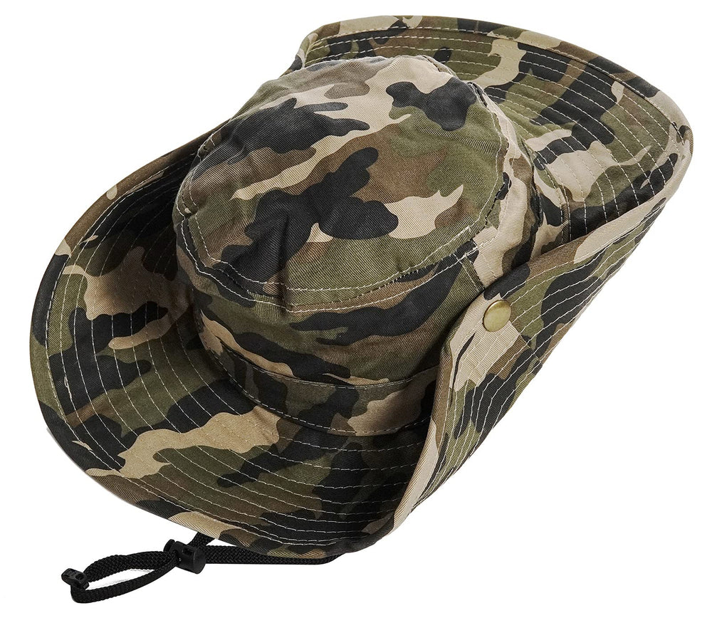 Kid wearing camouflage boonie hat outdoors