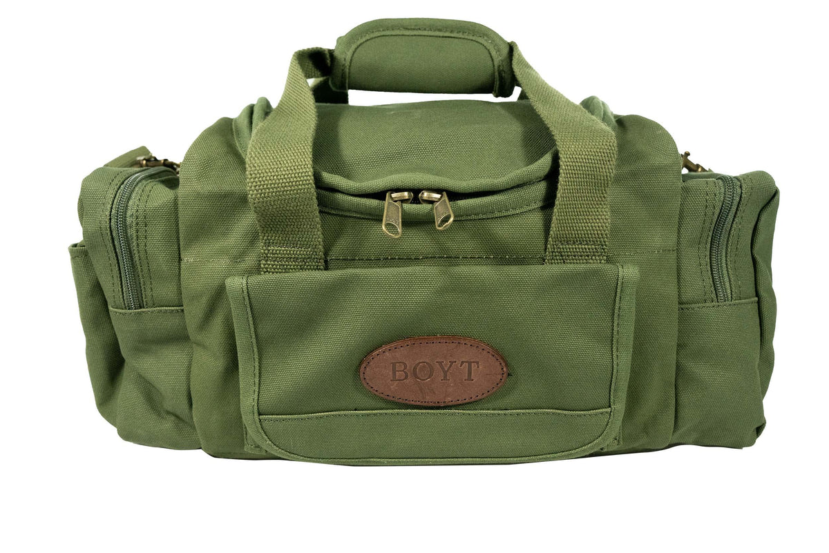 Boyt Harness Sporting Clays Bag OD Green with front pocket elastic for choke tubes and gear.