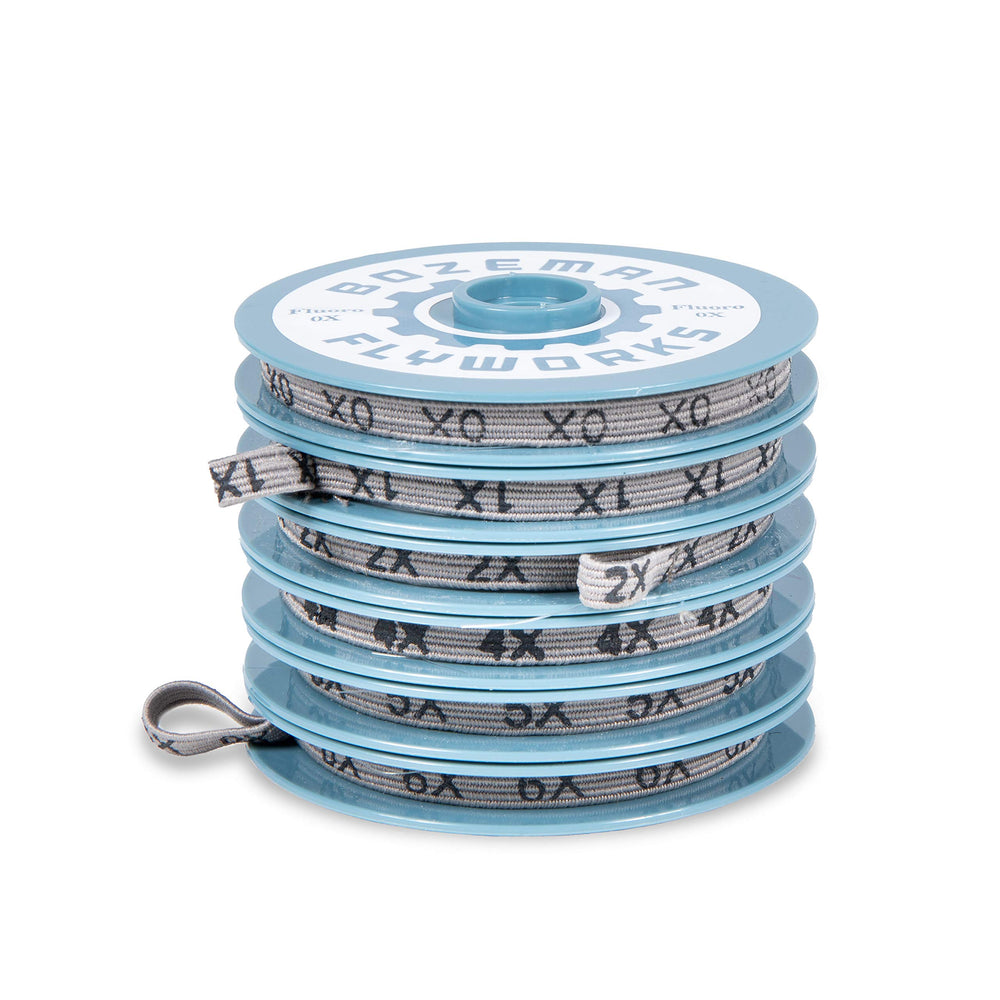 Bozeman FlyWorks fluorocarbon tippet closeup, showing clear, strong material ready for precise leaders.