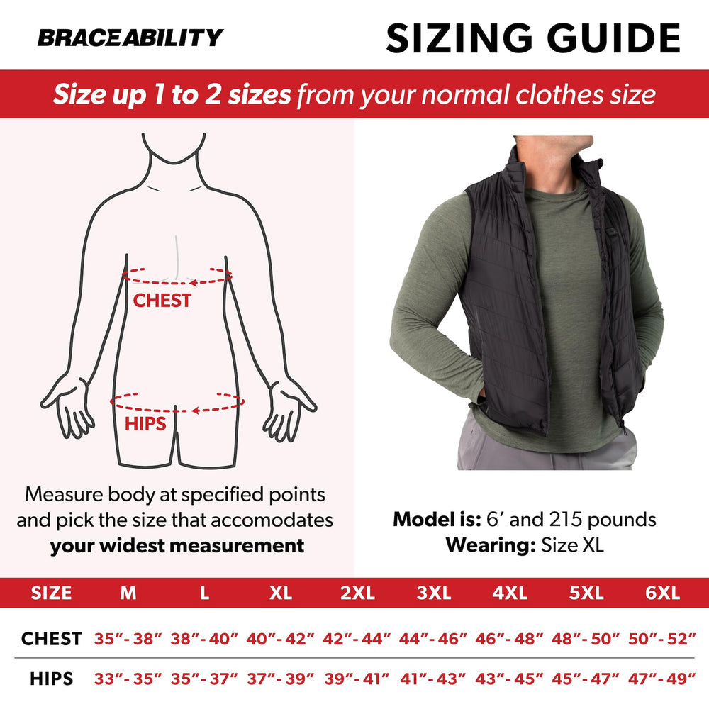 BraceAbility big and tall heated vest back view emphasizes core warmth placement