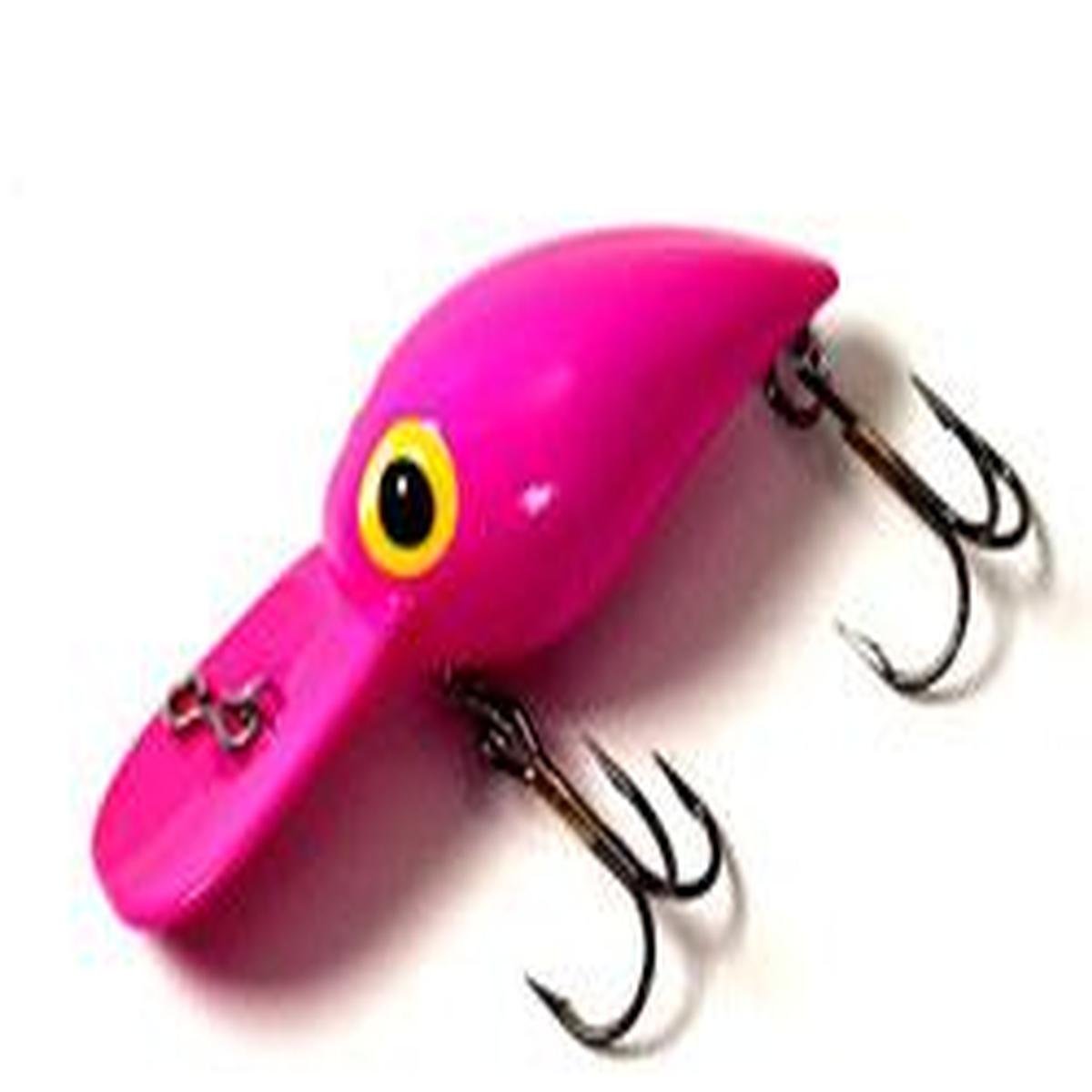 Brad's Wee Wiggler fluorescent pink lure attracts trout and bass with a lively wiggle.