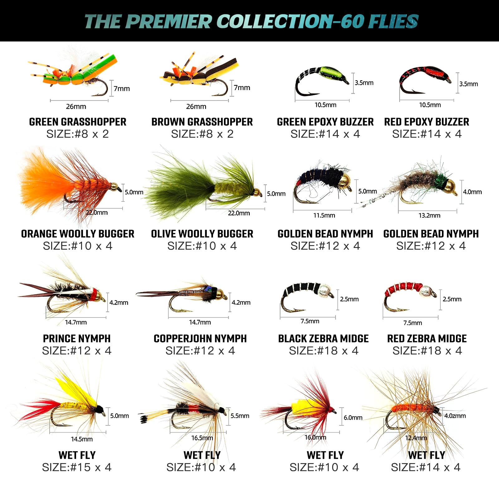 Close-up of varied dry, wet, and nymph flies in the set