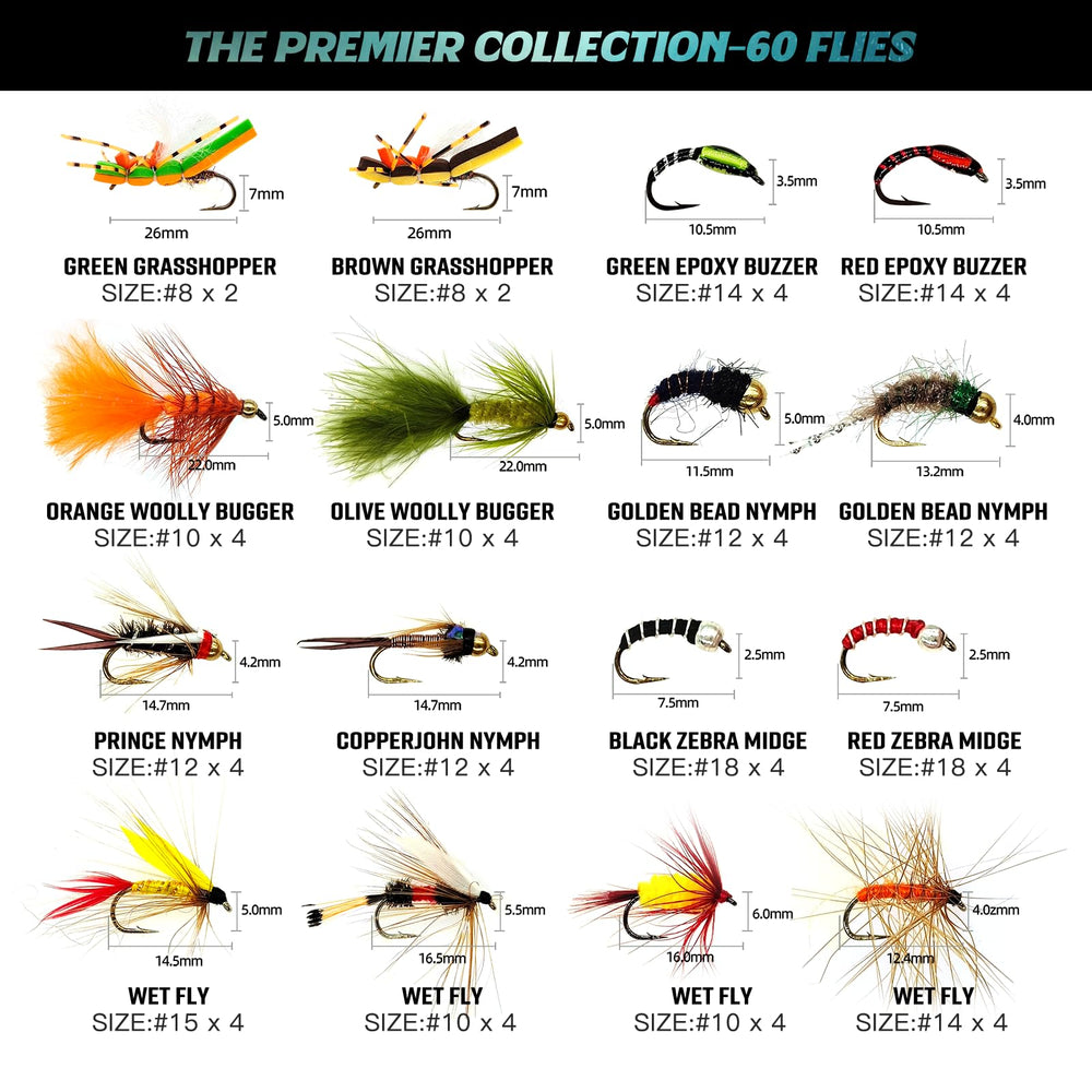 Close-up of varied dry, wet, and nymph flies in the set