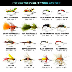 Close-up of varied dry, wet, and nymph flies in the set