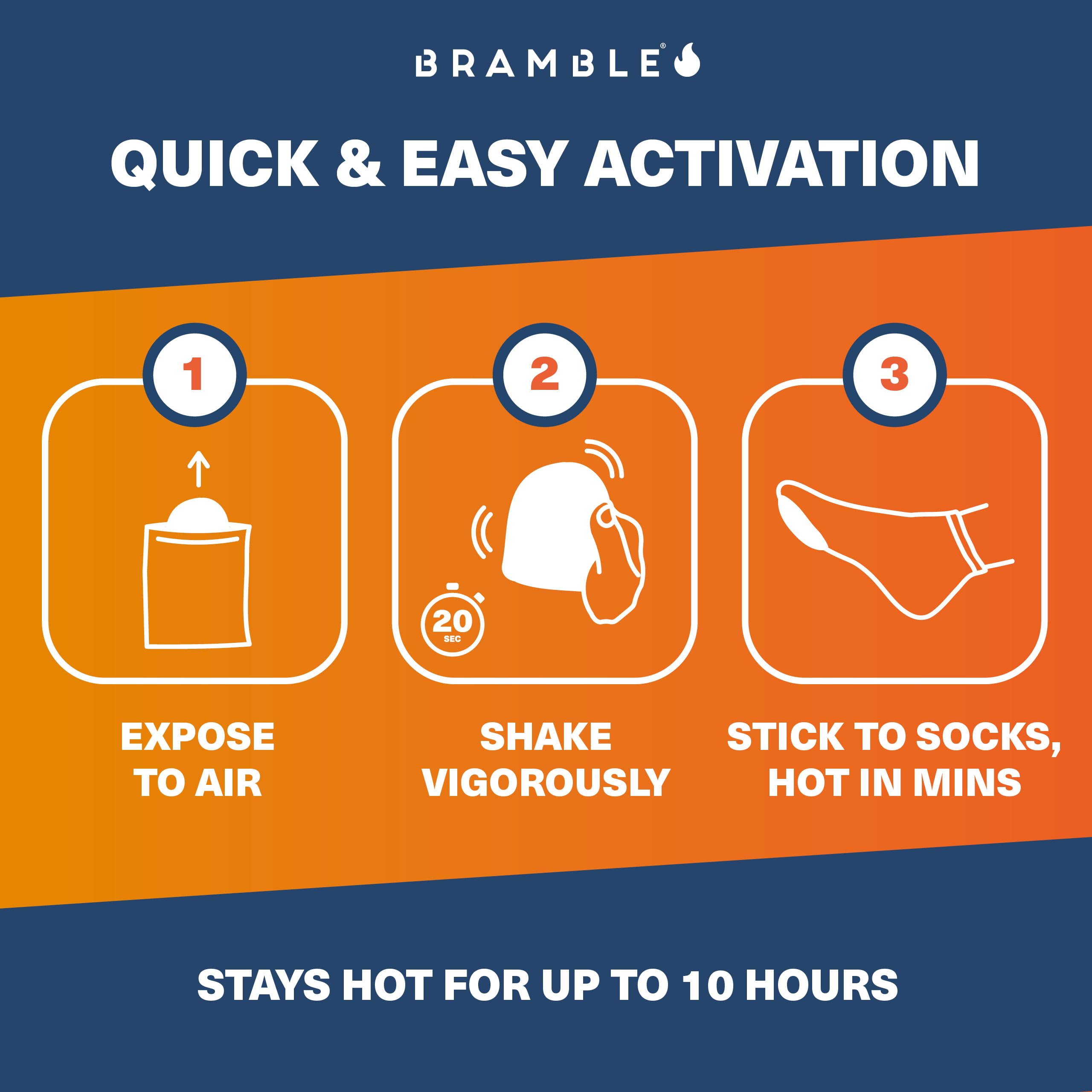 Bramble toe warmers activation steps illustrate easy, odorless heat for cold-weather outings.