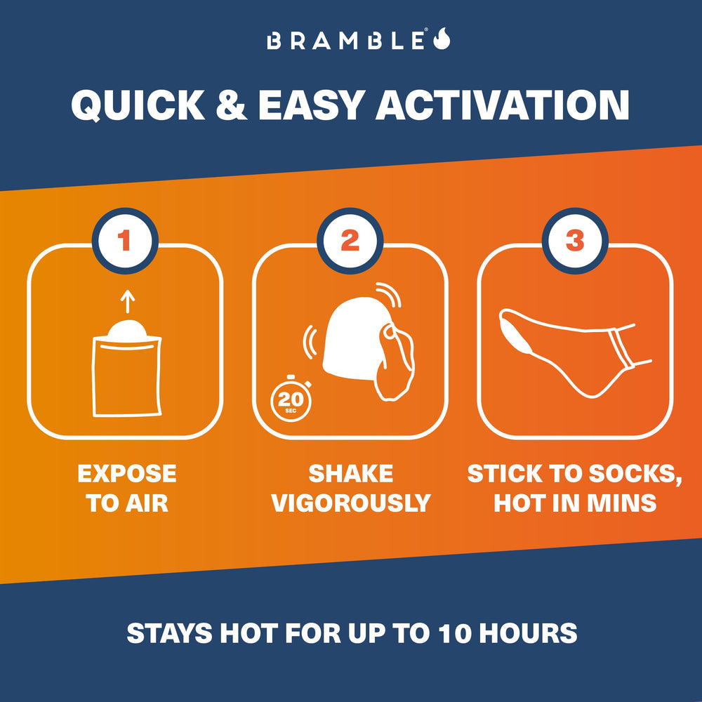 Bramble toe warmers activation steps illustrate easy, odorless heat for cold-weather outings.