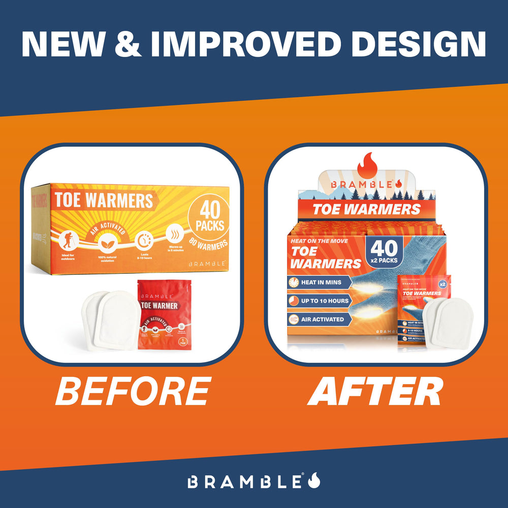 Bramble toe warmers offer up to 10 hours of warmth for extended outdoor activity.