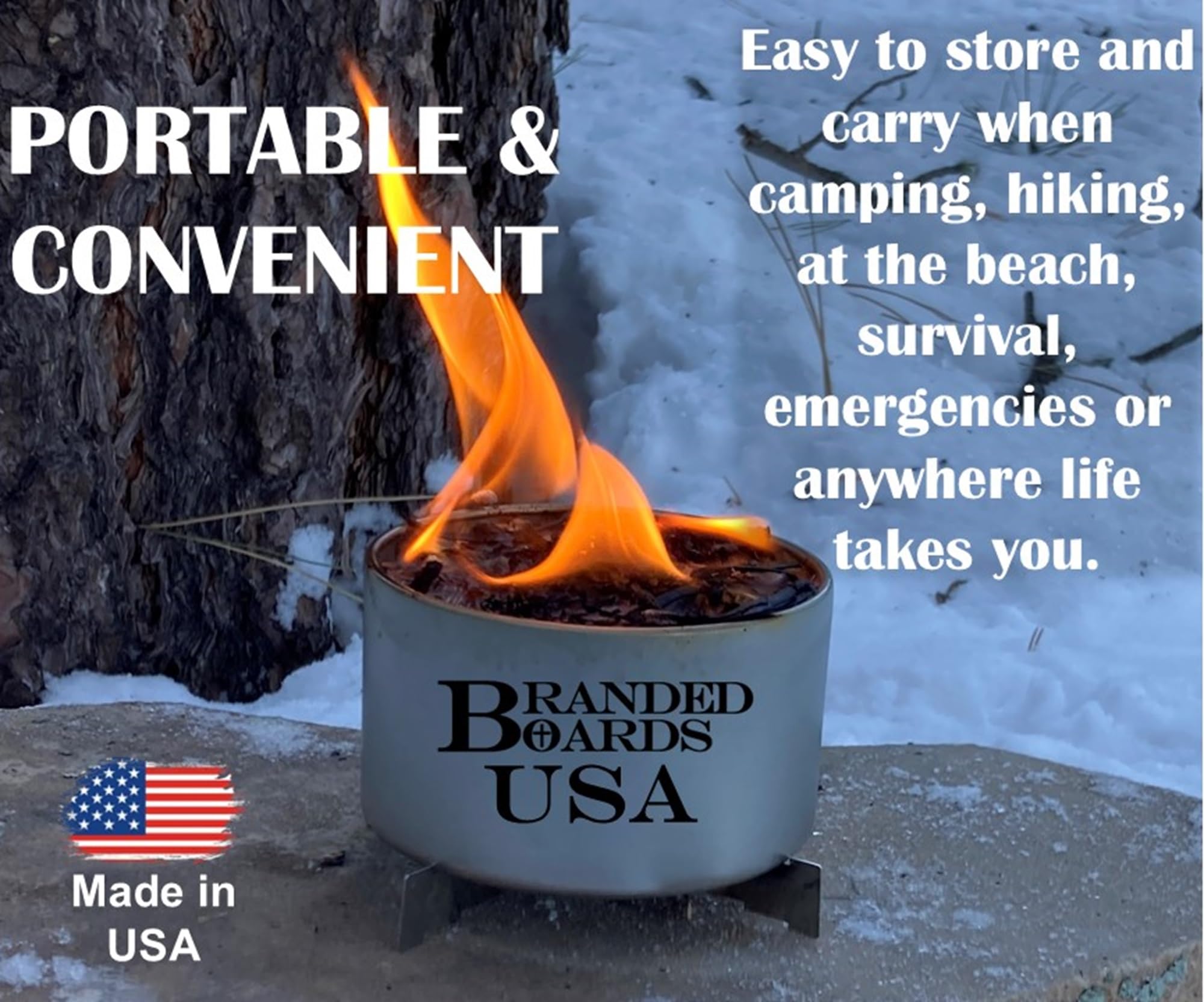 Branded Boards backyard forest campfire setup for heat and cooking.