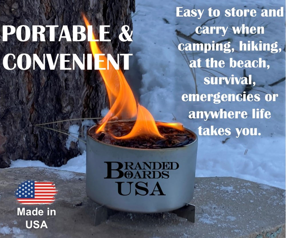 Branded Boards backyard forest campfire setup for heat and cooking.