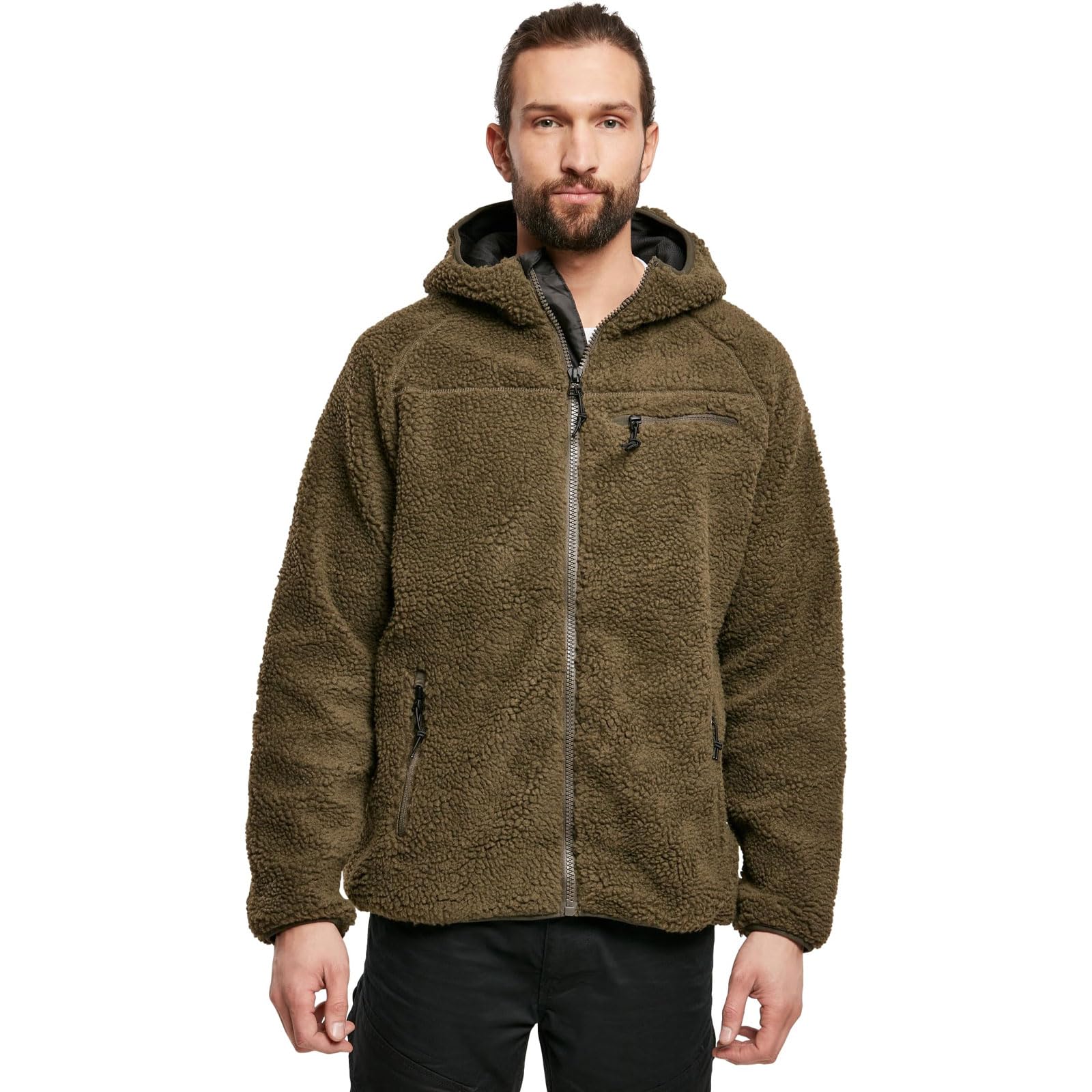 Brandit hooded fleece jacket olive full-zip with chin guard showcases wind protection