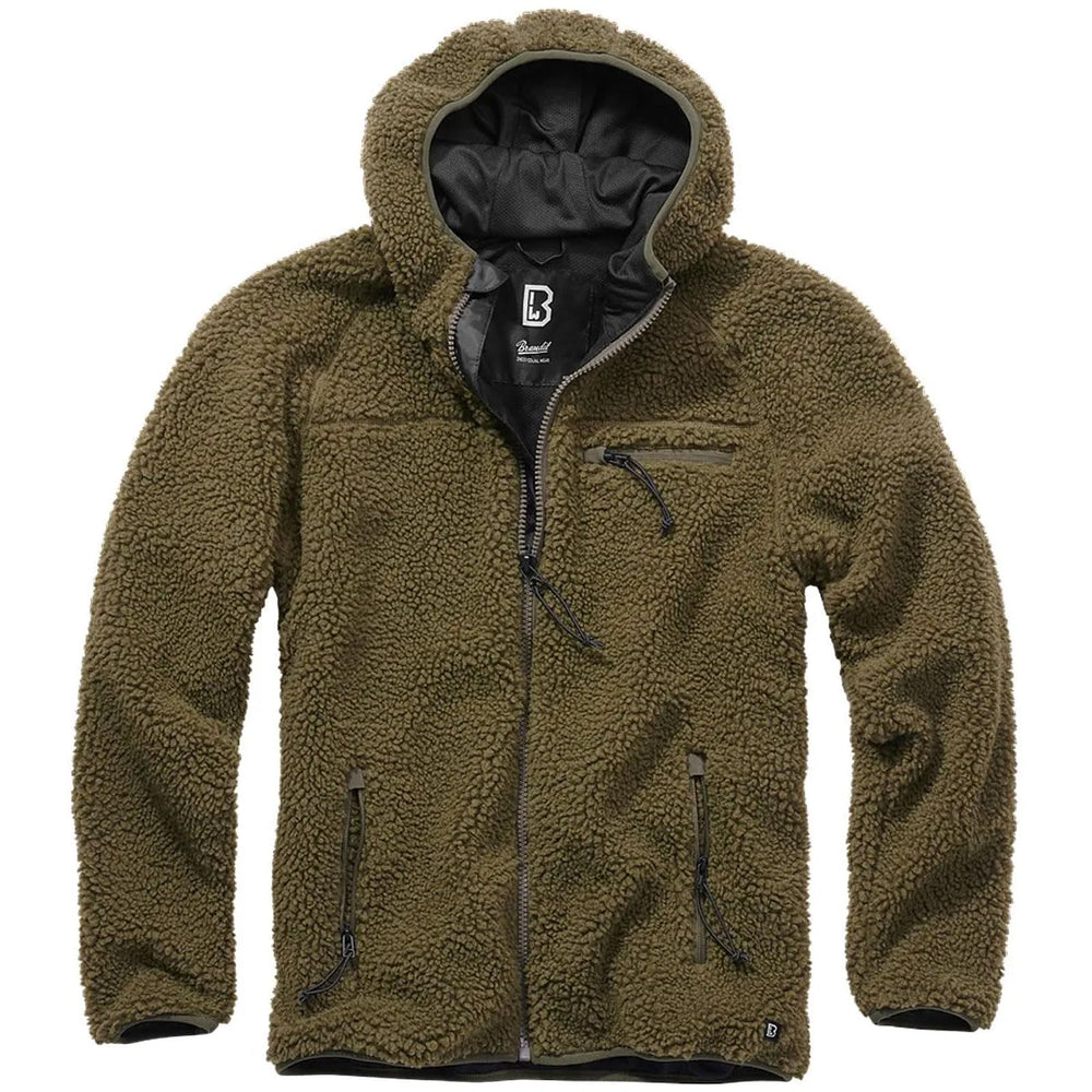 Brandit hooded fleece jacket olive close-up on the hood highlights warm outdoor wear