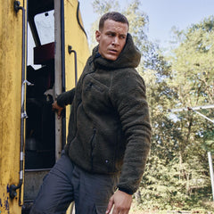 Brandit hooded fleece jacket olive wind protection strip visible against cold gusts