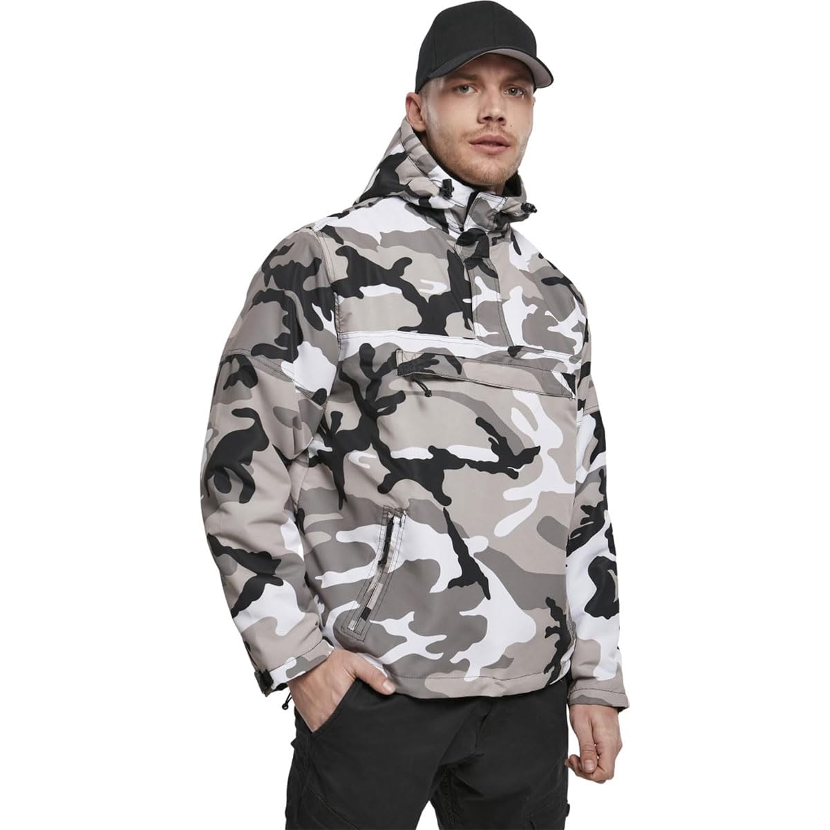 Brandit windbreaker hood detail with adjustable fleece-lined snorkel hood for warmth